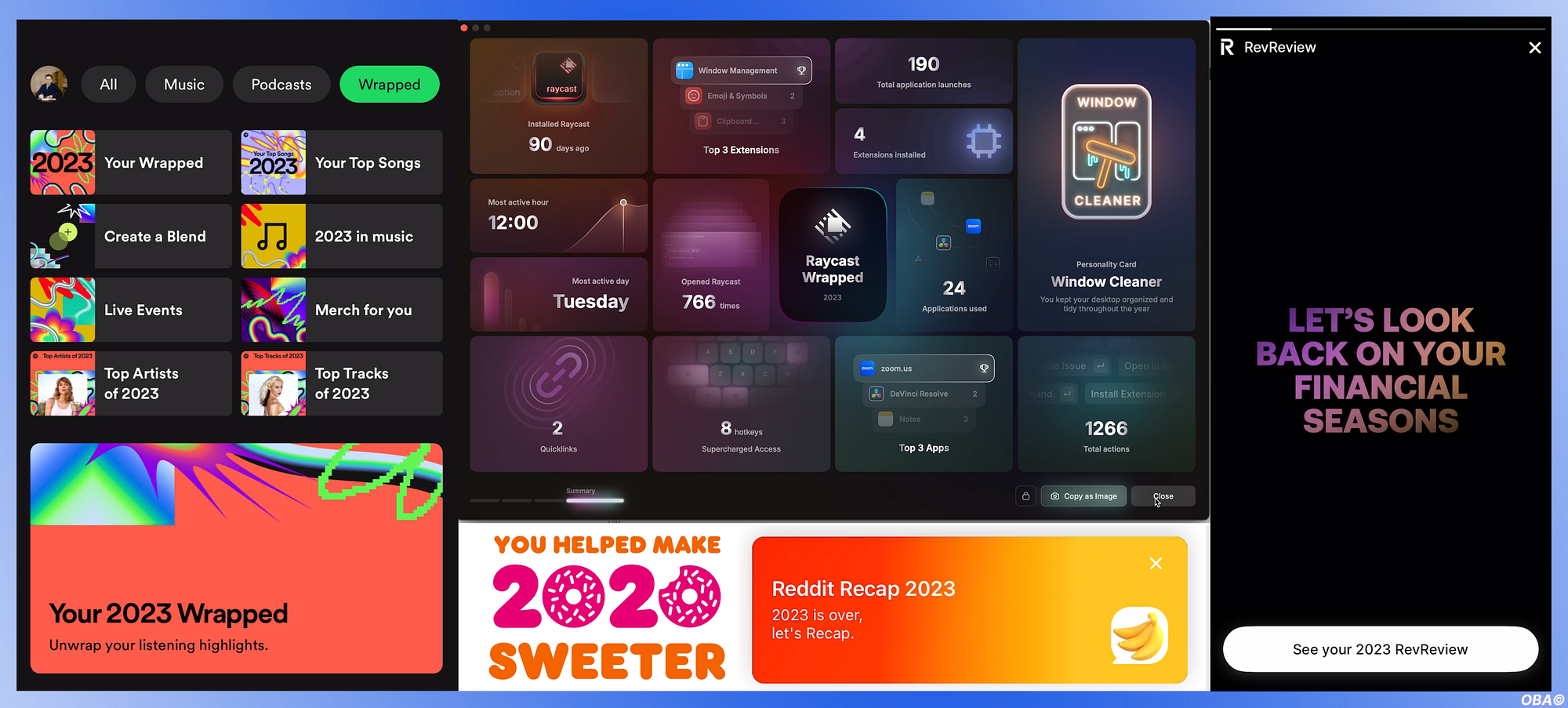 Spotify Wrapped, Reddit Year in Review, and Revolut Yearly Summary side by side