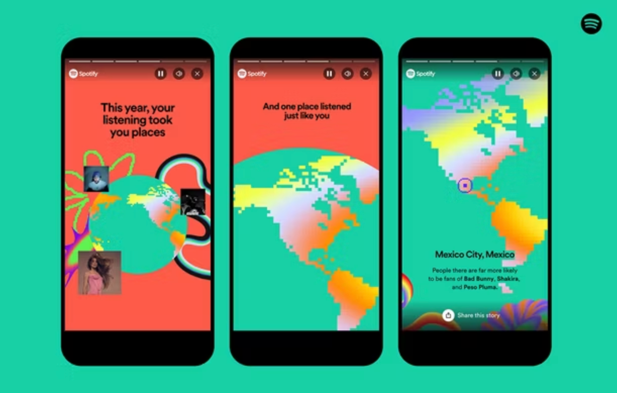 Sound Town — three phone screens showing location-based listening identity