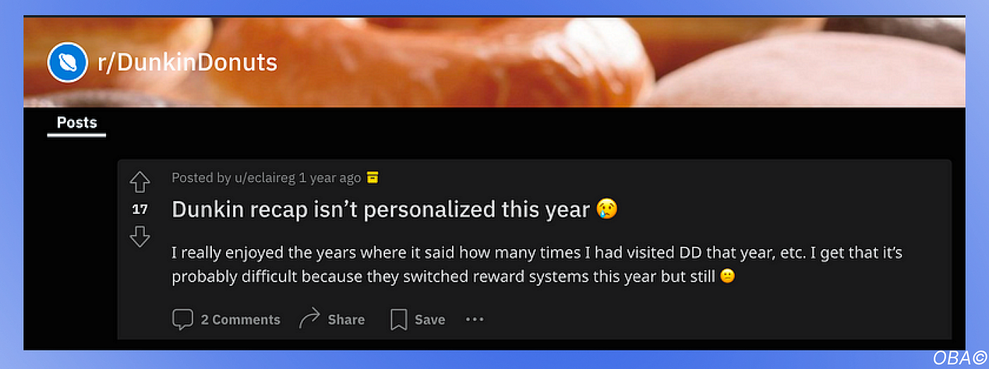 Dunkin Donuts Reddit post — "recap isn't personalized this year"