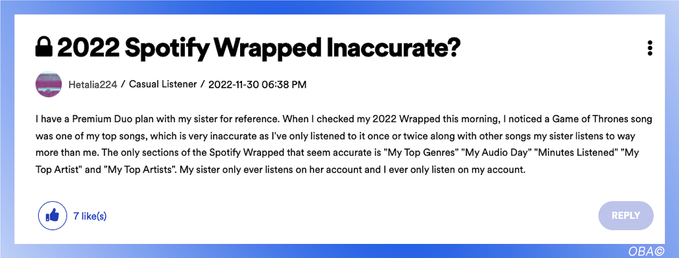 Reddit post — 2022 Spotify Wrapped inaccurate on shared Premium Duo plan